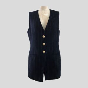 Vintage 90s Liz Claiborne Navy Blue Gold Pinstripe Wool Tailored Vest Top S